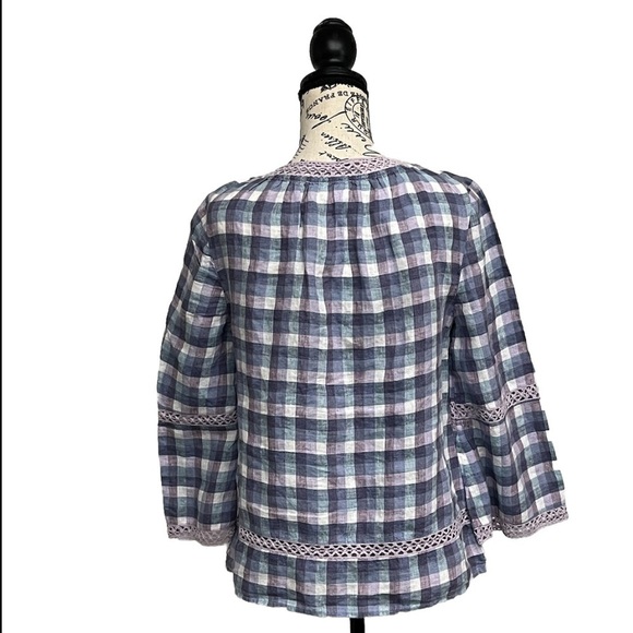 Chicos Crochet-Detail Gingham Linen Popover Top Beach Boho Modest Mature Prep 0 - Picture 5 of 10